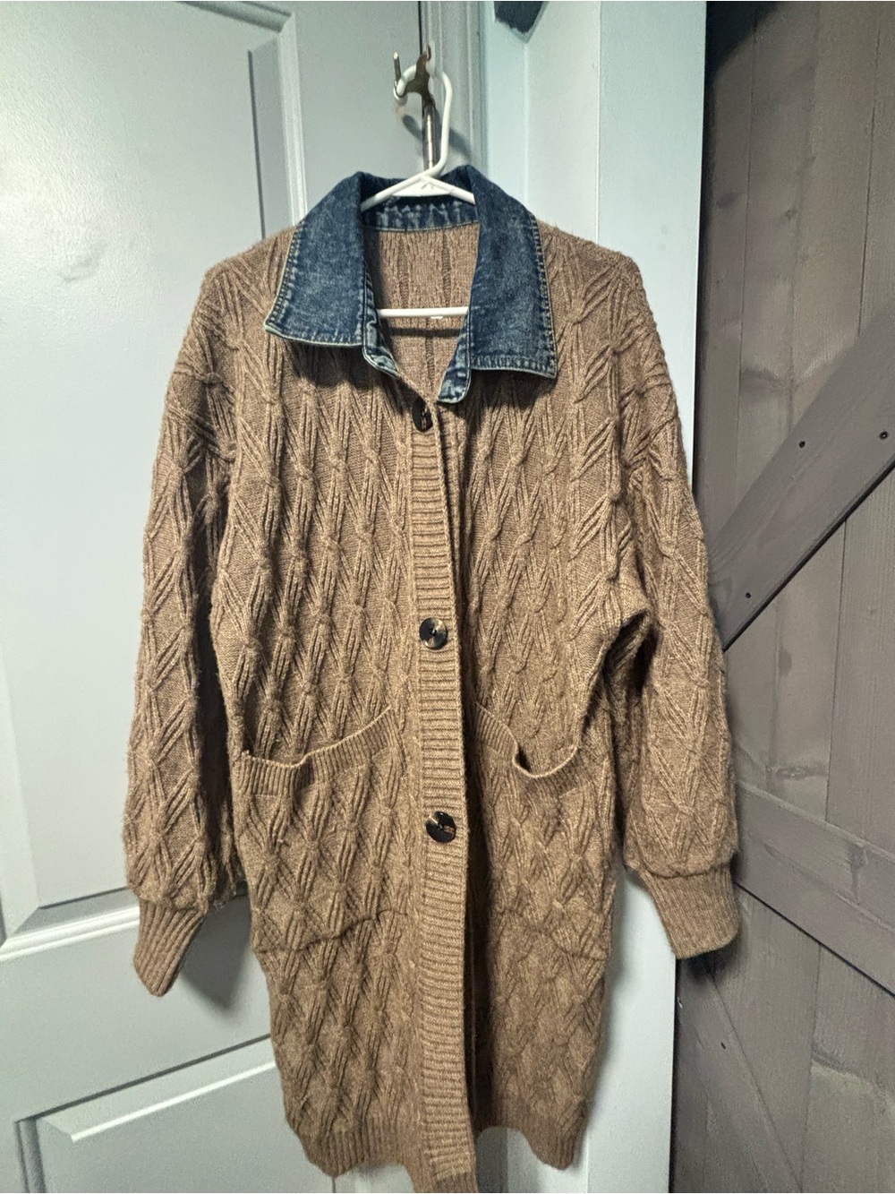 Commense Brown Cable Knit Long Coatigan with Denim Collar